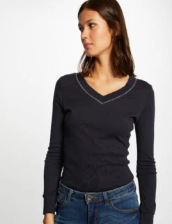 T-shirt Manches Longues Avec Col En V Marine Femme