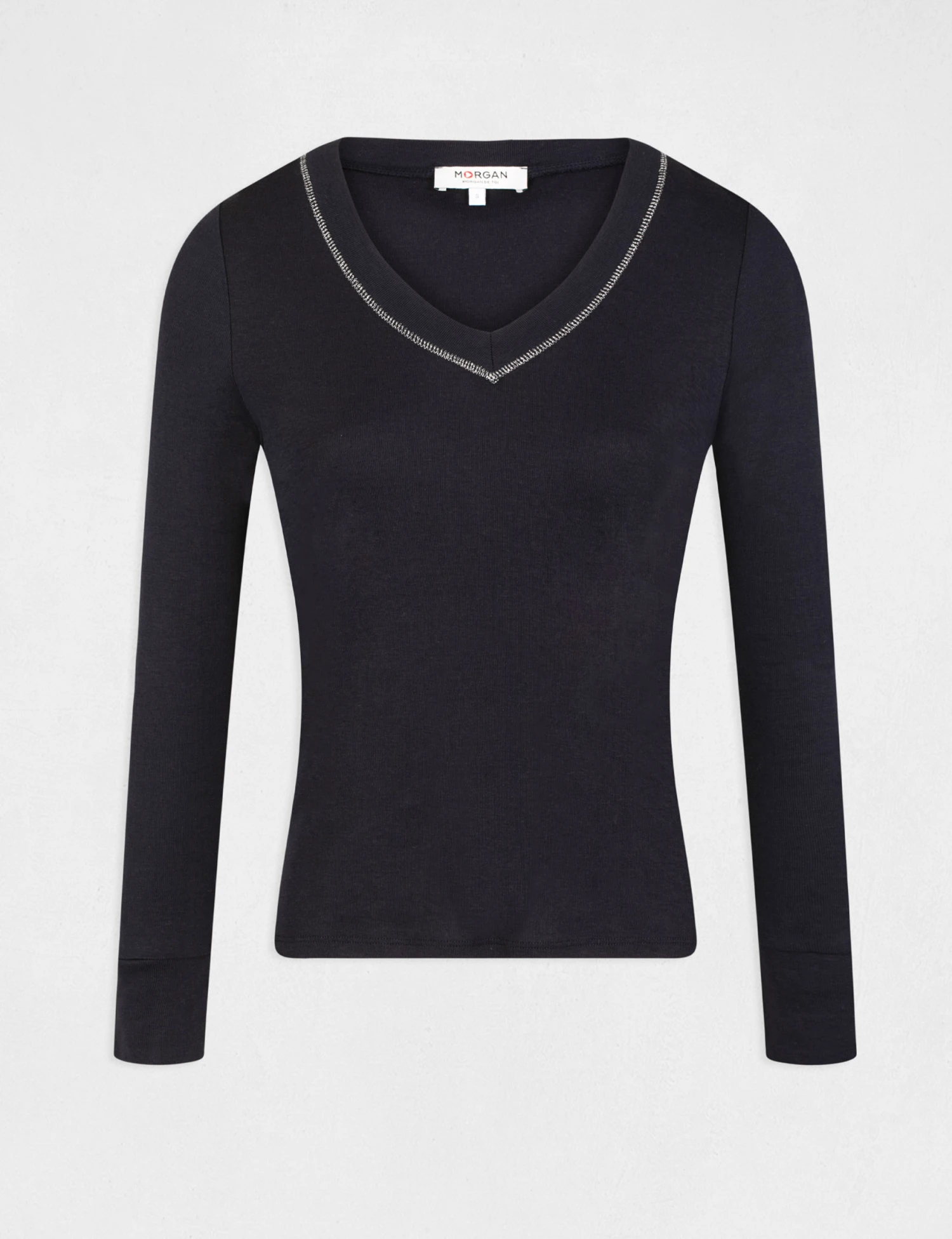 T-shirt Manches Longues Avec Col En V Marine Femme – Image 4