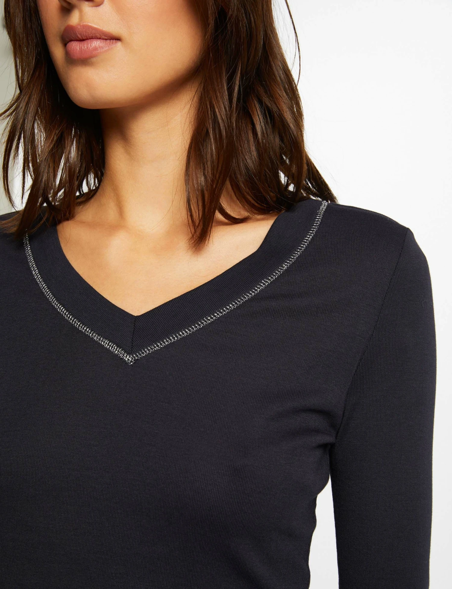 T-shirt Manches Longues Avec Col En V Marine Femme – Image 5