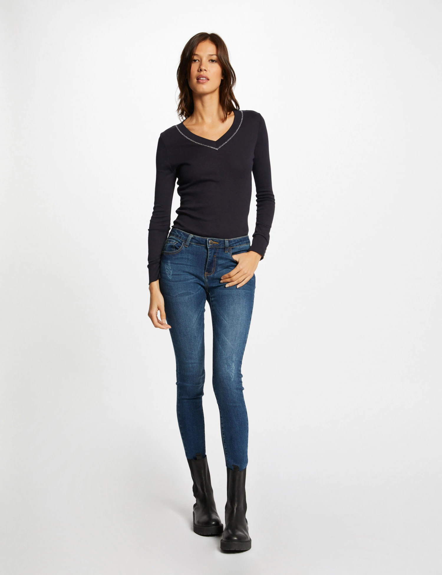 T-shirt Manches Longues Avec Col En V Marine Femme – Image 3