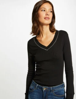 T-shirt Manches Longues Avec Col En V Noir Femme