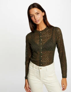 T-shirt Manches Longues En Dentelle Vert Fonce Femme