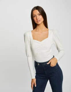 T-shirt Manches Longues Encolure Coeur Ecru Femme